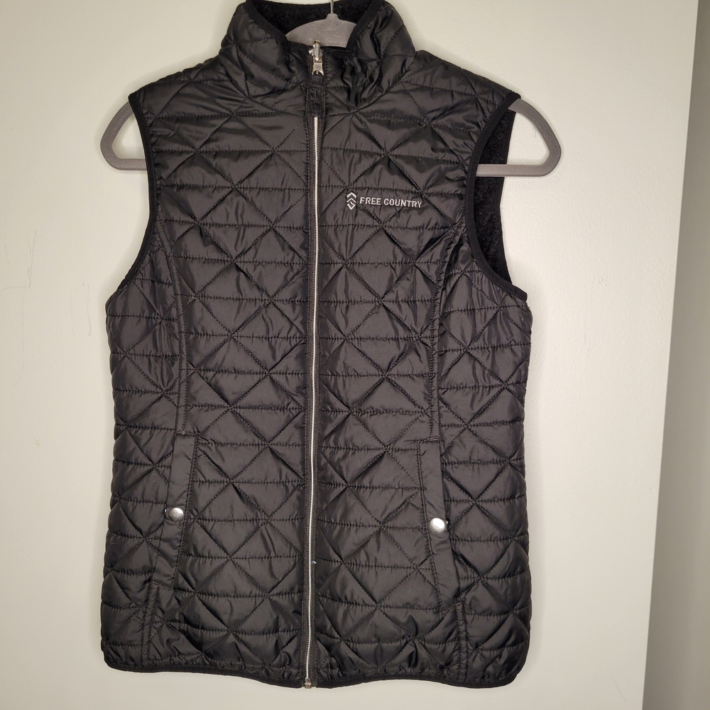 Free Country Black Quilted Vest with Logo Sz.S Reversible Lightweight Stylish